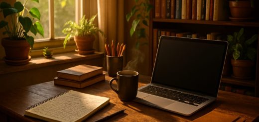 A cozy, inviting workspace filled with warm sunlight streaming through a window, illuminating a vintage wooden desk cluttered with writing tools: a notepad filled with handwritten notes, a sleek laptop, and a steaming cup of coffee. The backdrop features a bookshelf lined with well-loved books on writing and creativity, with lush green plants adding a touch of freshness. The overall atmosphere radiates inspiration and productivity, perfectly capturing the essence of a writer's haven. High definition.