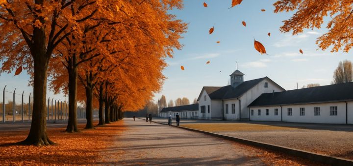 A high-definition image of the Dachau Memorial Site during autumn, showcasing a serene pathway lined with vibrant, rust-colored leaves gently falling from the trees. In the background, the stark architecture of the memorial buildings contrasts with the warmth of the autumn foliage under a clear blue sky. The soft sunlight filters through the branches, casting dappled shadows on the ground, inviting reflection and contemplation. A few scattered visitors in the distance add a sense of scale, highlighting the solemn yet beautiful atmosphere of the site.