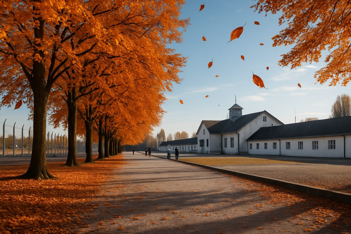 A high-definition image of the Dachau Memorial Site during autumn, showcasing a serene pathway lined with vibrant, rust-colored leaves gently falling from the trees. In the background, the stark architecture of the memorial buildings contrasts with the warmth of the autumn foliage under a clear blue sky. The soft sunlight filters through the branches, casting dappled shadows on the ground, inviting reflection and contemplation. A few scattered visitors in the distance add a sense of scale, highlighting the solemn yet beautiful atmosphere of the site.