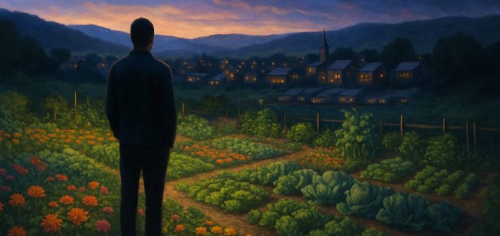 A serene landscape at dusk, showcasing a solitary figure standing at the edge of a vibrant community garden. The garden is lush with colorful flowers and vegetables, symbolizing growth and initiative. In the background, a quaint town merges with rolling hills under a painted sky of deep blues and purples, reflecting the complexities of social progress. Soft, warm lighting highlights the contrast between the thriving garden and shadowy areas of the surrounding landscape, hinting at the hidden challenges within the pursuit of social entrepreneurship. The image captures a moment of contemplation, inviting viewers to reflect on the balance between ambition and sustainability. High definition, vivid details.