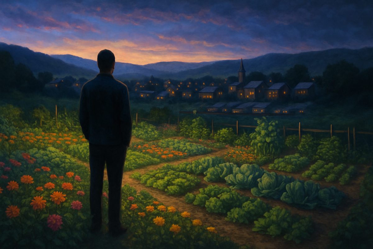 A serene landscape at dusk, showcasing a solitary figure standing at the edge of a vibrant community garden. The garden is lush with colorful flowers and vegetables, symbolizing growth and initiative. In the background, a quaint town merges with rolling hills under a painted sky of deep blues and purples, reflecting the complexities of social progress. Soft, warm lighting highlights the contrast between the thriving garden and shadowy areas of the surrounding landscape, hinting at the hidden challenges within the pursuit of social entrepreneurship. The image captures a moment of contemplation, inviting viewers to reflect on the balance between ambition and sustainability. High definition, vivid details.