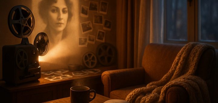 A high-definition image of a cozy, warmly lit living room filled with nostalgia. In one corner, a vintage film projector casts flickering shadows on the wall, illuminating a collection of scattered photographs and old film reels. A comfortable armchair is draped with a thick, knitted blanket. On a nearby table, a steaming cup of tea sits next to an open notebook filled with sketches and notes. The gentle glow of the projector highlights a portrait of a woman, evoking both warmth and complexity, while a soft, ethereal light spills through a window, hinting at the outside world.
