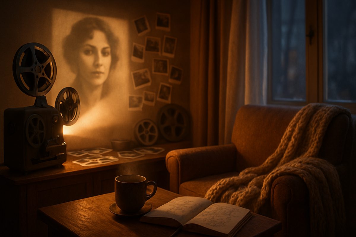 A high-definition image of a cozy, warmly lit living room filled with nostalgia. In one corner, a vintage film projector casts flickering shadows on the wall, illuminating a collection of scattered photographs and old film reels. A comfortable armchair is draped with a thick, knitted blanket. On a nearby table, a steaming cup of tea sits next to an open notebook filled with sketches and notes. The gentle glow of the projector highlights a portrait of a woman, evoking both warmth and complexity, while a soft, ethereal light spills through a window, hinting at the outside world.