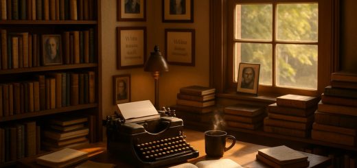 A cozy, well-lit study filled with books, papers, and a vintage typewriter sitting on a wooden desk. Sunlight streams through a window, illuminating a steaming cup of coffee beside a notebook filled with handwritten notes. On the walls, framed photos of past writers and quotes celebrate creativity and the art of storytelling. The atmosphere exudes warmth and inspiration, inviting the viewer to imagine the stories waiting to be crafted in this intimate writing space. High definition.