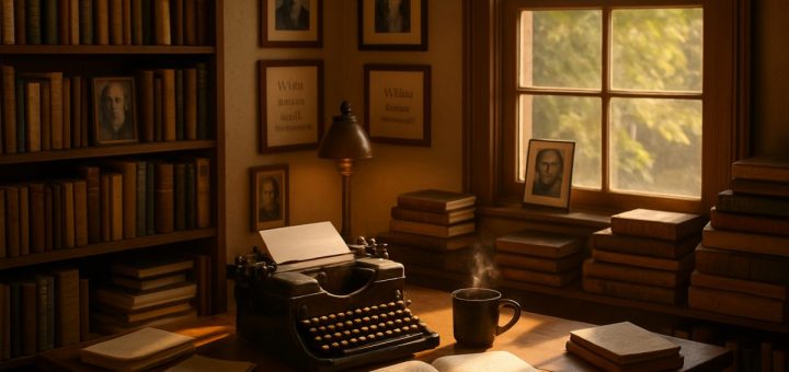 A cozy, well-lit study filled with books, papers, and a vintage typewriter sitting on a wooden desk. Sunlight streams through a window, illuminating a steaming cup of coffee beside a notebook filled with handwritten notes. On the walls, framed photos of past writers and quotes celebrate creativity and the art of storytelling. The atmosphere exudes warmth and inspiration, inviting the viewer to imagine the stories waiting to be crafted in this intimate writing space. High definition.