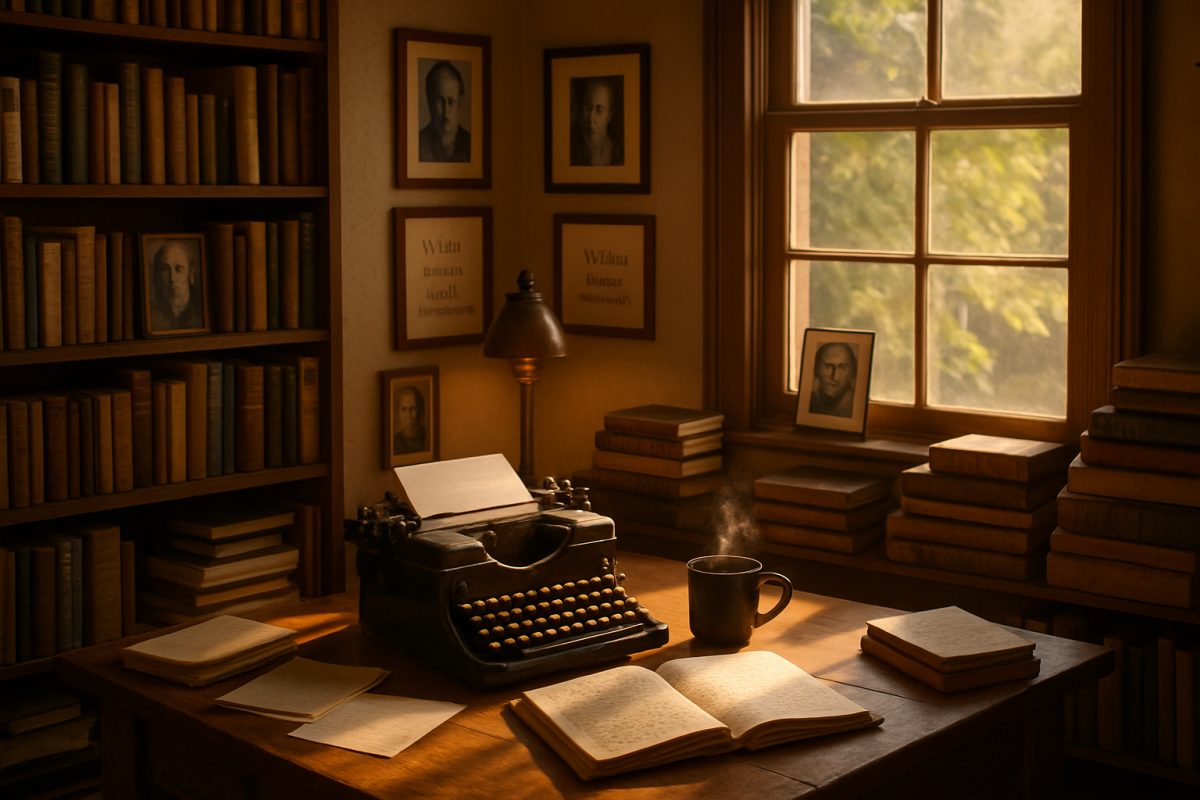 A cozy, well-lit study filled with books, papers, and a vintage typewriter sitting on a wooden desk. Sunlight streams through a window, illuminating a steaming cup of coffee beside a notebook filled with handwritten notes. On the walls, framed photos of past writers and quotes celebrate creativity and the art of storytelling. The atmosphere exudes warmth and inspiration, inviting the viewer to imagine the stories waiting to be crafted in this intimate writing space. High definition.