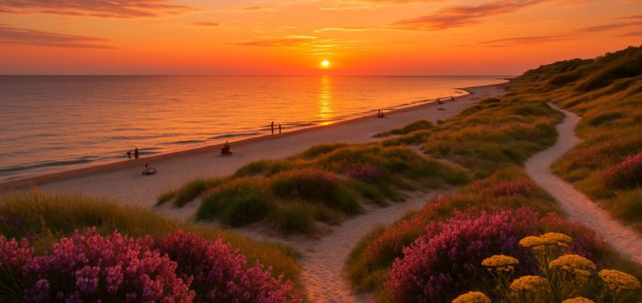 A breathtaking landscape of Hiddensee Island during a vibrant summer sunset, showcasing pristine sandy beaches framed by lush, blooming wildflowers. The sky is ablaze with warm hues of orange, pink, and gold, reflecting over the calm Baltic Sea. A few scattered beachgoers can be seen enjoying the tranquil atmosphere, with iconic, car-free paths winding through scenic dunes and heath. High-definition representation of this idyllic scene captures the essence of a perfect summer getaway, where nature and serenity harmoniously coexist.