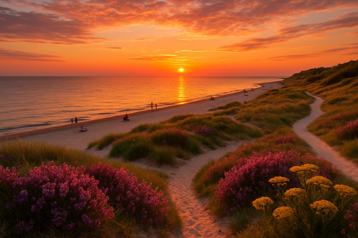 A breathtaking landscape of Hiddensee Island during a vibrant summer sunset, showcasing pristine sandy beaches framed by lush, blooming wildflowers. The sky is ablaze with warm hues of orange, pink, and gold, reflecting over the calm Baltic Sea. A few scattered beachgoers can be seen enjoying the tranquil atmosphere, with iconic, car-free paths winding through scenic dunes and heath. High-definition representation of this idyllic scene captures the essence of a perfect summer getaway, where nature and serenity harmoniously coexist.