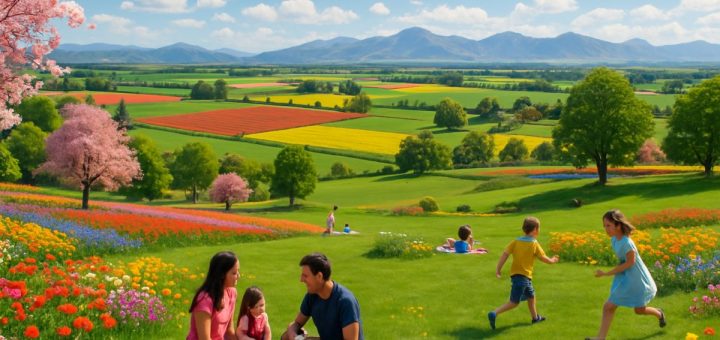 A breathtaking panoramic view of Rolleston during spring, showcasing vibrant fields overflowing with colorful blossoms and lush green pastures. In the foreground, a serene park scene features families enjoying picnic moments and children playing amidst the blooms, while the backdrop reveals gentle rolling hills and distant mountains under a clear, sunny sky dotted with fluffy white clouds. High definition, capturing the vibrant colors and lively atmosphere of this charming New Zealand town.