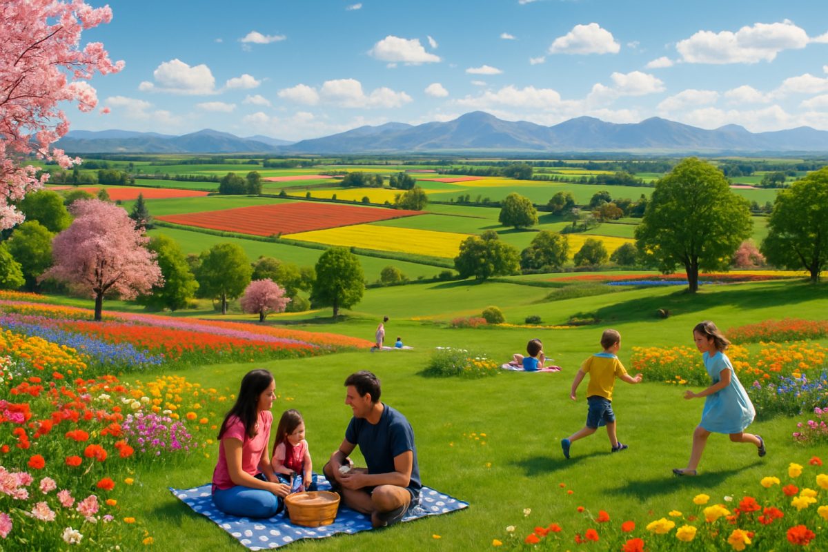A breathtaking panoramic view of Rolleston during spring, showcasing vibrant fields overflowing with colorful blossoms and lush green pastures. In the foreground, a serene park scene features families enjoying picnic moments and children playing amidst the blooms, while the backdrop reveals gentle rolling hills and distant mountains under a clear, sunny sky dotted with fluffy white clouds. High definition, capturing the vibrant colors and lively atmosphere of this charming New Zealand town.