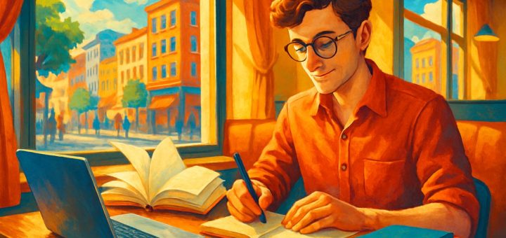A vibrant digital illustration of a writer in a sun-drenched café, surrounded by an array of colorful notebooks and a laptop, deeply immersed in crafting stories. Outside the window, the city buzzes with life, while a soft breeze rustles the pages of an open book on the table. The atmosphere is warm and inviting, conveying the joy of creativity and professional transformation. High definition.