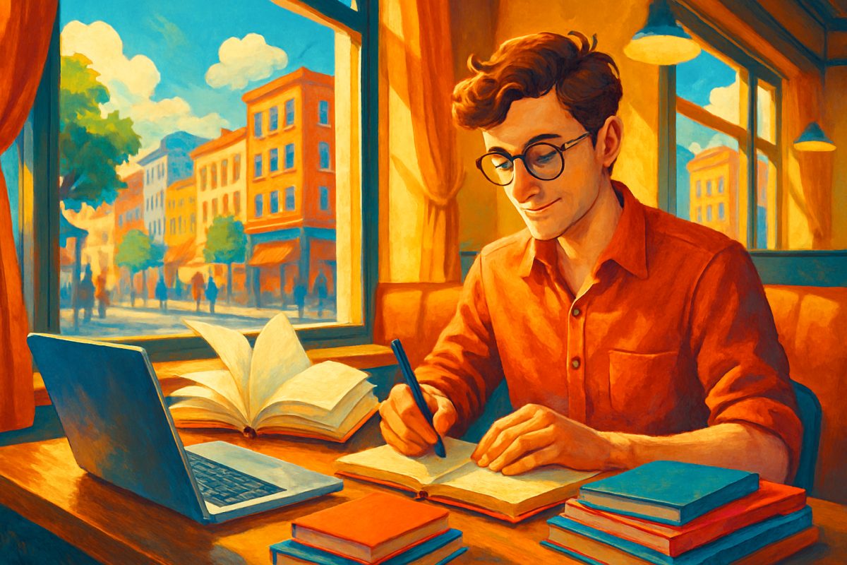 A vibrant digital illustration of a writer in a sun-drenched café, surrounded by an array of colorful notebooks and a laptop, deeply immersed in crafting stories. Outside the window, the city buzzes with life, while a soft breeze rustles the pages of an open book on the table. The atmosphere is warm and inviting, conveying the joy of creativity and professional transformation. High definition.