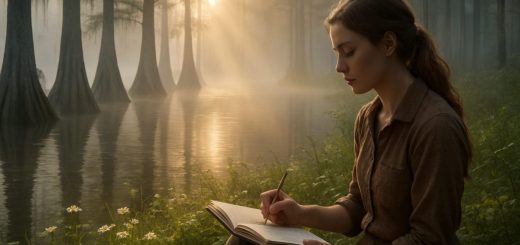 A serene, high-definition image of a misty North Carolina swamp at dawn, where tall cypress trees stand regally in the water, their roots partially submerged. Soft rays of light break through the dense fog, illuminating delicate wildflowers and lush greenery at the water's edge. In the foreground, a solitary figure of a young woman, dressed in earth-toned clothing, is seen sketching in a nature journal, her expression contemplative and serene, perfectly captured against the backdrop of the tranquil yet mysterious landscape.