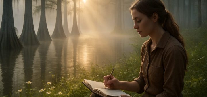 A serene, high-definition image of a misty North Carolina swamp at dawn, where tall cypress trees stand regally in the water, their roots partially submerged. Soft rays of light break through the dense fog, illuminating delicate wildflowers and lush greenery at the water's edge. In the foreground, a solitary figure of a young woman, dressed in earth-toned clothing, is seen sketching in a nature journal, her expression contemplative and serene, perfectly captured against the backdrop of the tranquil yet mysterious landscape.