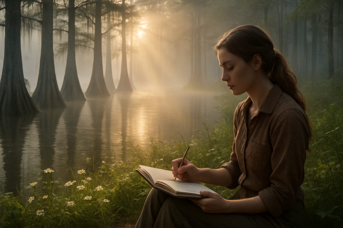 A serene, high-definition image of a misty North Carolina swamp at dawn, where tall cypress trees stand regally in the water, their roots partially submerged. Soft rays of light break through the dense fog, illuminating delicate wildflowers and lush greenery at the water's edge. In the foreground, a solitary figure of a young woman, dressed in earth-toned clothing, is seen sketching in a nature journal, her expression contemplative and serene, perfectly captured against the backdrop of the tranquil yet mysterious landscape.