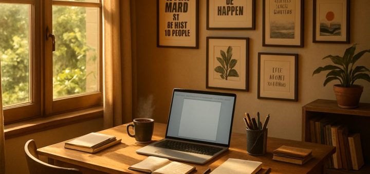 A cozy home office bathed in warm sunlight, featuring a vintage wooden desk cluttered with writing materials—notebooks, pens, and a laptop open to a blank document. A steaming cup of coffee sits nearby, next to a window with a view of lush greenery. In the background, an inspiring wall adorned with framed art and motivational quotes, creating a space where creativity thrives. High definition.