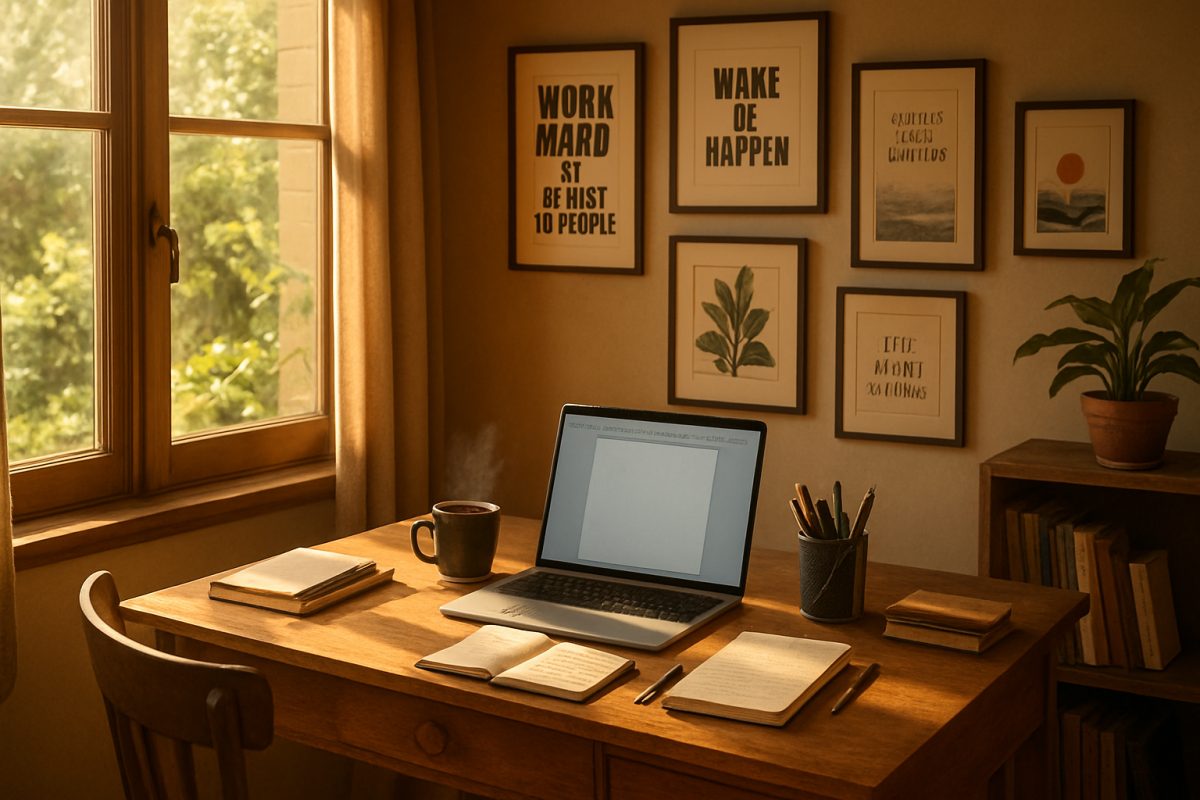 A cozy home office bathed in warm sunlight, featuring a vintage wooden desk cluttered with writing materials—notebooks, pens, and a laptop open to a blank document. A steaming cup of coffee sits nearby, next to a window with a view of lush greenery. In the background, an inspiring wall adorned with framed art and motivational quotes, creating a space where creativity thrives. High definition.