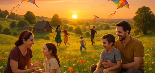 A serene landscape of a Lithuanian countryside at sunset, featuring rolling hills dotted with vibrant wildflowers and traditional wooden houses. In the foreground, a group of diverse parents and children are engaging in playful activities, such as flying kites and sharing stories, all under the warm glow of the setting sun. The scene captures the essence of family togetherness and community spirit, with an emphasis on emotional connection and positive interactions. High definition.