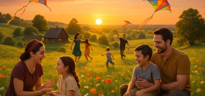 A serene landscape of a Lithuanian countryside at sunset, featuring rolling hills dotted with vibrant wildflowers and traditional wooden houses. In the foreground, a group of diverse parents and children are engaging in playful activities, such as flying kites and sharing stories, all under the warm glow of the setting sun. The scene captures the essence of family togetherness and community spirit, with an emphasis on emotional connection and positive interactions. High definition.