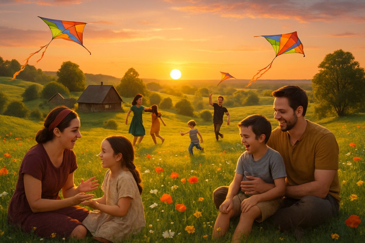 A serene landscape of a Lithuanian countryside at sunset, featuring rolling hills dotted with vibrant wildflowers and traditional wooden houses. In the foreground, a group of diverse parents and children are engaging in playful activities, such as flying kites and sharing stories, all under the warm glow of the setting sun. The scene captures the essence of family togetherness and community spirit, with an emphasis on emotional connection and positive interactions. High definition.