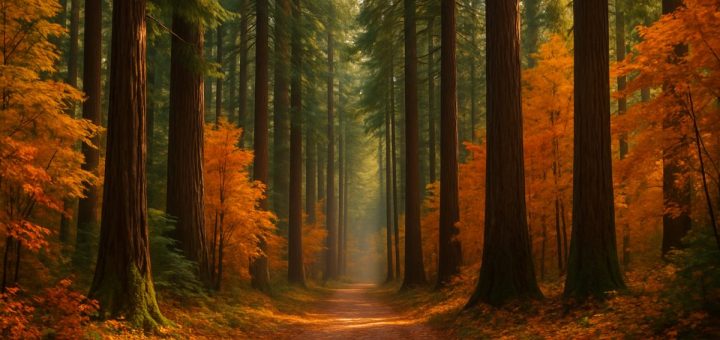 A high-definition image of the Redwoods - Whakarewarewa Forest in autumn, showcasing a stunning landscape filled with towering evergreen redwoods interspersed with vibrant amber and gold leaves. Sunlight filters through the canopy, casting dappled shadows on the forest floor, which is blanketed in colorful foliage. A serene path winds through the trees, inviting viewers to imagine a peaceful walk amidst nature's breathtaking tapestry. In the distance, a gentle mist adds a touch of magic, enhancing the tranquil and enchanting atmosphere of this woodland haven.