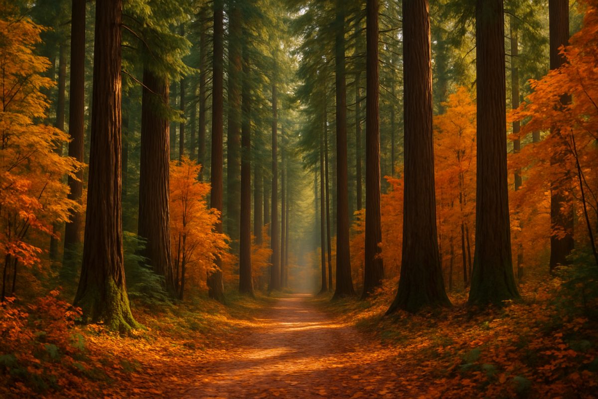 A high-definition image of the Redwoods - Whakarewarewa Forest in autumn, showcasing a stunning landscape filled with towering evergreen redwoods interspersed with vibrant amber and gold leaves. Sunlight filters through the canopy, casting dappled shadows on the forest floor, which is blanketed in colorful foliage. A serene path winds through the trees, inviting viewers to imagine a peaceful walk amidst nature's breathtaking tapestry. In the distance, a gentle mist adds a touch of magic, enhancing the tranquil and enchanting atmosphere of this woodland haven.