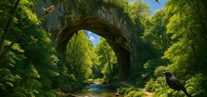 A high definition image of the Mangapohue Natural Bridge, set against a backdrop of lush, vibrant summer greenery. The limestone arch stands majestically over the sparkling Mangapohue Stream, illuminated by bright sunlight filtering through the bridge. Surrounding the scene, native birds flit amidst a tapestry of rich foliage, while the sounds of cicadas create an atmosphere of lively summer warmth. The sky is a brilliant blue with a few wispy clouds, inviting outdoor adventurers and photographers to capture the enchanting beauty of this natural landmark.