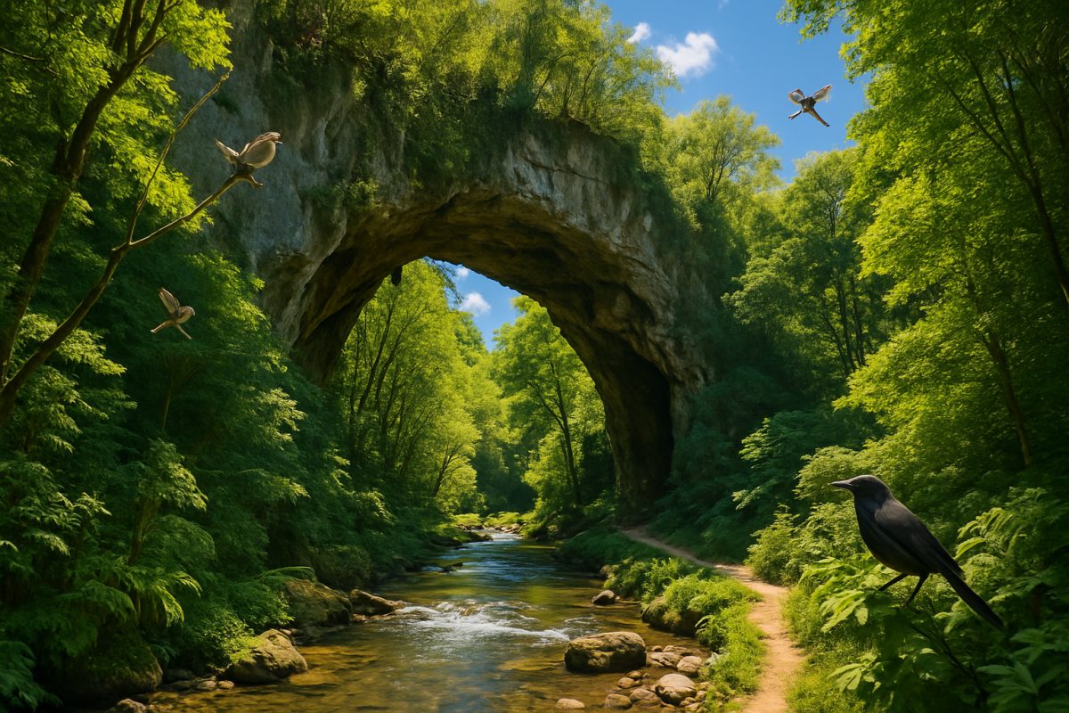 A high definition image of the Mangapohue Natural Bridge, set against a backdrop of lush, vibrant summer greenery. The limestone arch stands majestically over the sparkling Mangapohue Stream, illuminated by bright sunlight filtering through the bridge. Surrounding the scene, native birds flit amidst a tapestry of rich foliage, while the sounds of cicadas create an atmosphere of lively summer warmth. The sky is a brilliant blue with a few wispy clouds, inviting outdoor adventurers and photographers to capture the enchanting beauty of this natural landmark.