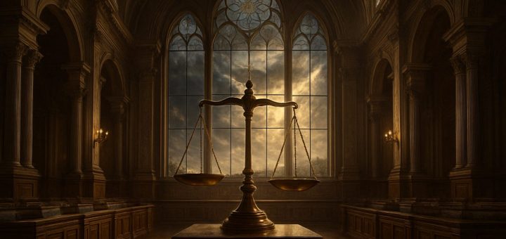 A high-definition digital artwork depicting a grand, historic European courtroom, filled with intricate architectural details and soft, ambient lighting. In the foreground, a scale of justice elegantly balanced on a wooden pedestal, symbolizing the delicate nature of democracy and human rights. Outside the large stained glass windows, a stormy, tumultuous sky reflects the sociopolitical tensions of modern Europe, while rays of sunlight break through, symbolizing hope and the enduring quest for balance between freedom and security. The atmosphere in the courtroom is one of solemnity and reflection, inviting contemplation on the ongoing struggle for rights and democracy.