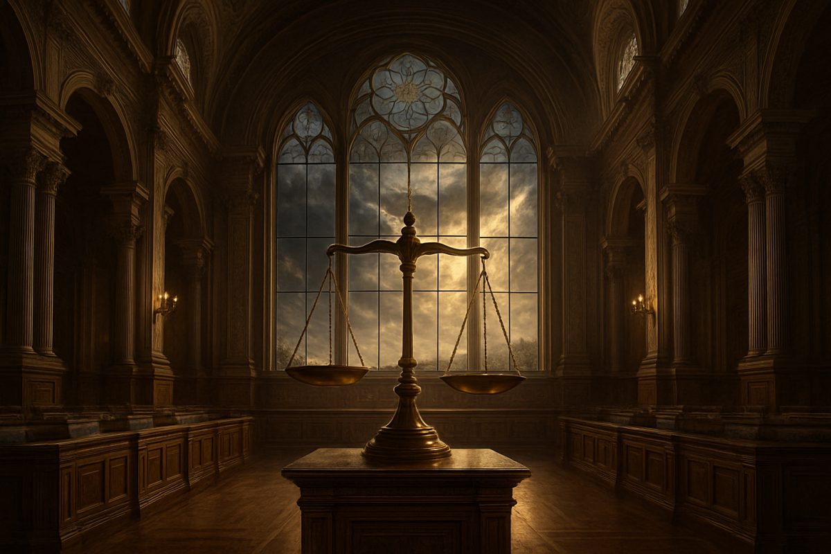 A high-definition digital artwork depicting a grand, historic European courtroom, filled with intricate architectural details and soft, ambient lighting. In the foreground, a scale of justice elegantly balanced on a wooden pedestal, symbolizing the delicate nature of democracy and human rights. Outside the large stained glass windows, a stormy, tumultuous sky reflects the sociopolitical tensions of modern Europe, while rays of sunlight break through, symbolizing hope and the enduring quest for balance between freedom and security. The atmosphere in the courtroom is one of solemnity and reflection, inviting contemplation on the ongoing struggle for rights and democracy.