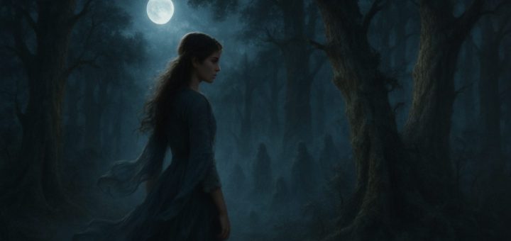 A hauntingly ethereal scene depicting a young woman standing at the edge of a misty forest under a glimmering moonlit sky. Dressed in flowing garments that flutter gently in an unseen breeze, she gazes thoughtfully into the shadows, where faint silhouettes of ghostly figures linger. The trees around her appear both majestic and foreboding, their trunks gnarled and twisting, whispering secrets of the past. Soft beams of moonlight filter through the leaves, illuminating her face with a serene yet melancholic expression, capturing the essence of grief intertwined with strength. The overall atmosphere is a blend of surreal beauty and eerie tension, rich in colors and textures that invite contemplation. High definition.