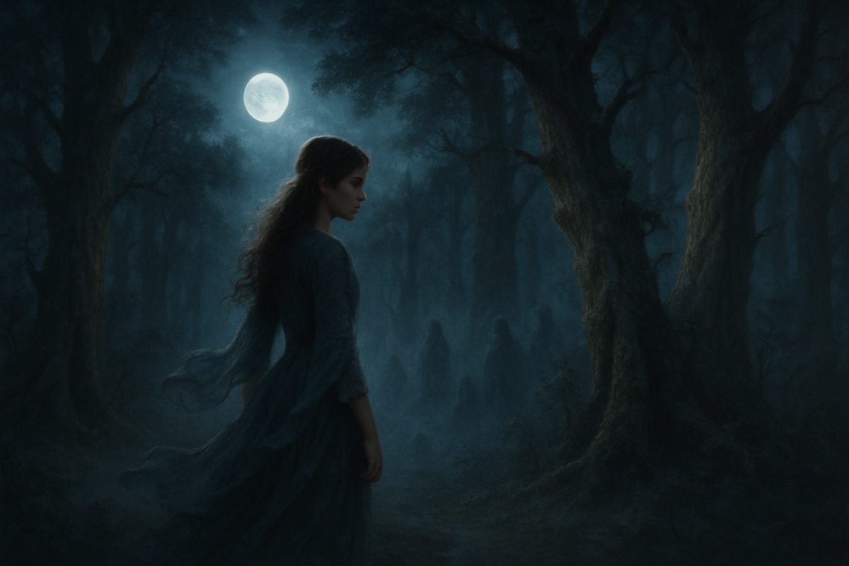 A hauntingly ethereal scene depicting a young woman standing at the edge of a misty forest under a glimmering moonlit sky. Dressed in flowing garments that flutter gently in an unseen breeze, she gazes thoughtfully into the shadows, where faint silhouettes of ghostly figures linger. The trees around her appear both majestic and foreboding, their trunks gnarled and twisting, whispering secrets of the past. Soft beams of moonlight filter through the leaves, illuminating her face with a serene yet melancholic expression, capturing the essence of grief intertwined with strength. The overall atmosphere is a blend of surreal beauty and eerie tension, rich in colors and textures that invite contemplation. High definition.