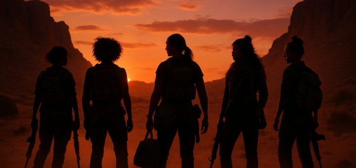 A high-definition image of a rugged, windswept desert landscape at dusk, bathed in deep oranges and purples as the sun sets behind jagged cliffs. In the foreground, a group of diverse women stands confidently together, silhouettes framed by the dramatic sky, each equipped with a mix of tactical gear and personal items that reflect their individuality. Dust swirls around their feet, suggesting movement and the thrill of the hunt. The atmosphere is charged with a sense of camaraderie and strength, conveying an unspoken narrative of resilience and solidarity in a harsh environment.