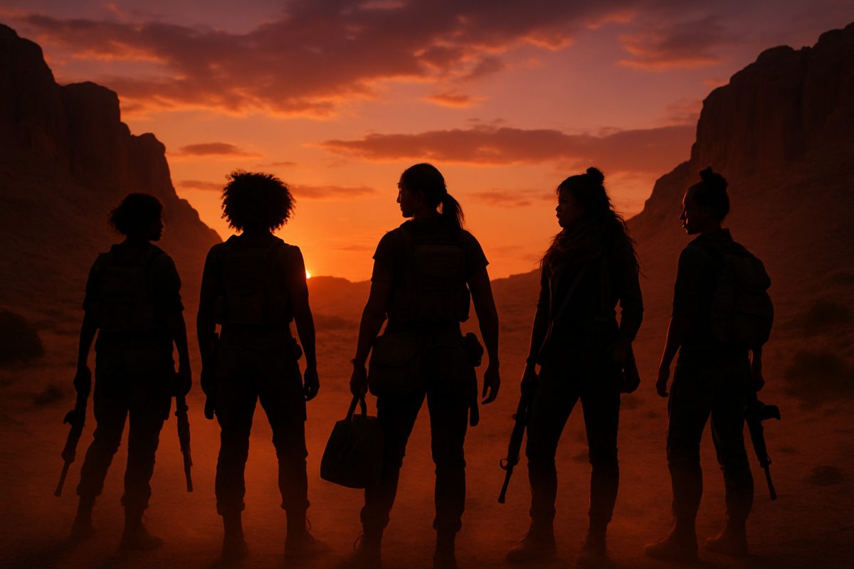 A high-definition image of a rugged, windswept desert landscape at dusk, bathed in deep oranges and purples as the sun sets behind jagged cliffs. In the foreground, a group of diverse women stands confidently together, silhouettes framed by the dramatic sky, each equipped with a mix of tactical gear and personal items that reflect their individuality. Dust swirls around their feet, suggesting movement and the thrill of the hunt. The atmosphere is charged with a sense of camaraderie and strength, conveying an unspoken narrative of resilience and solidarity in a harsh environment.