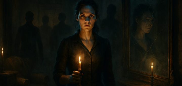 A dimly lit, atmospheric scene inside an old, creaky house, with flickering candlelight casting long shadows on the walls. In the foreground, a strong female figure stands resolute, her face illuminated by a ghostly light, while behind her, shadowy silhouettes of men loom, their forms indistinct and menacing. The surrounding space is filled with vintage furniture, partially covered in dust, immersed in a hazy mist that suggests supernatural presence. Ethereal reflections in a cracked mirror reveal a haunting duality, emphasizing themes of tension and female empowerment. The image should capture a sense of suspense and emotional depth, rendered in high definition to highlight intricate details.