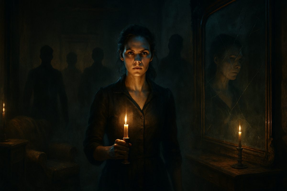 A dimly lit, atmospheric scene inside an old, creaky house, with flickering candlelight casting long shadows on the walls. In the foreground, a strong female figure stands resolute, her face illuminated by a ghostly light, while behind her, shadowy silhouettes of men loom, their forms indistinct and menacing. The surrounding space is filled with vintage furniture, partially covered in dust, immersed in a hazy mist that suggests supernatural presence. Ethereal reflections in a cracked mirror reveal a haunting duality, emphasizing themes of tension and female empowerment. The image should capture a sense of suspense and emotional depth, rendered in high definition to highlight intricate details.
