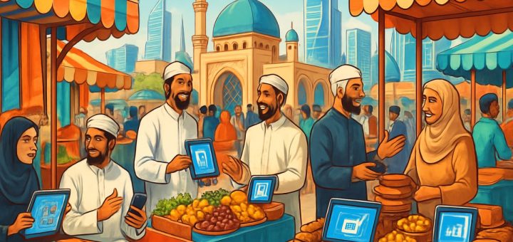A vibrant, high-definition illustration depicting a bustling marketplace in a modern Muslim-majority city. Stalls adorned with colorful fabrics and diverse foods are filled with entrepreneurs showcasing their products, while digital devices are prominently visible in their setups, highlighting the fusion of tradition and technology. In the background, a skyline of contemporary architecture mingles with traditional motifs, symbolizing the evolution of entrepreneurial spirit. The scene is rich in activity, capturing the energy of commerce and innovation, with people of various backgrounds engaged in lively discussions and transactions.