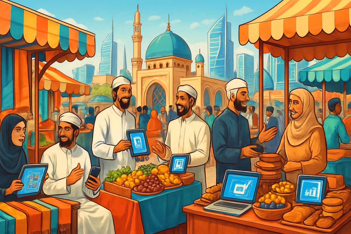 A vibrant, high-definition illustration depicting a bustling marketplace in a modern Muslim-majority city. Stalls adorned with colorful fabrics and diverse foods are filled with entrepreneurs showcasing their products, while digital devices are prominently visible in their setups, highlighting the fusion of tradition and technology. In the background, a skyline of contemporary architecture mingles with traditional motifs, symbolizing the evolution of entrepreneurial spirit. The scene is rich in activity, capturing the energy of commerce and innovation, with people of various backgrounds engaged in lively discussions and transactions.