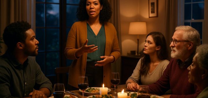 A high-definition image of a serene family dinner scene set in an elegantly designed dining room, featuring a diverse group of people engaged in heartfelt conversation. The table is adorned with beautifully arranged dishes and soft candlelight, casting warm glows and creating an inviting atmosphere. In the background, large windows reveal a twilight sky, hinting at a transition from day to night. A strong, confident woman stands at the head of the table, passionately discussing her aspirations, while attentive listeners portray a mix of curiosity and support, capturing a moment of connection and understanding in the midst of complex relationships.