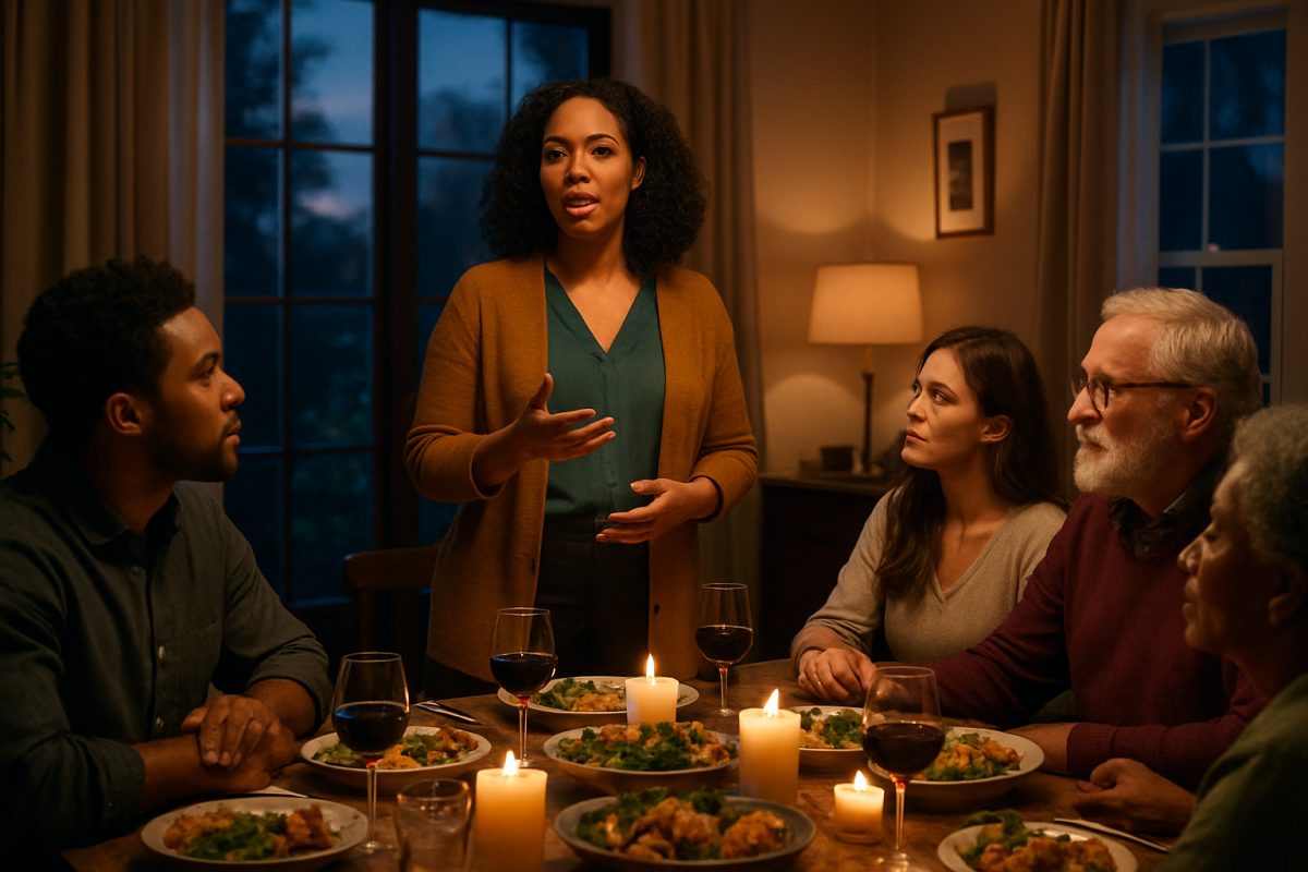 A high-definition image of a serene family dinner scene set in an elegantly designed dining room, featuring a diverse group of people engaged in heartfelt conversation. The table is adorned with beautifully arranged dishes and soft candlelight, casting warm glows and creating an inviting atmosphere. In the background, large windows reveal a twilight sky, hinting at a transition from day to night. A strong, confident woman stands at the head of the table, passionately discussing her aspirations, while attentive listeners portray a mix of curiosity and support, capturing a moment of connection and understanding in the midst of complex relationships.