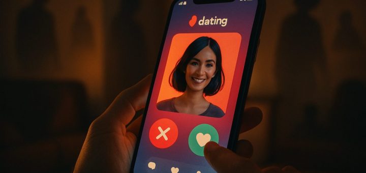 A close-up of a smartphone screen glowing in the dark, showcasing a vibrant dating app interface. The background is softly blurred to emphasize the phone, with a hand poised to swipe. Surrounding the device, faint shadows of abstract figures suggest a mix of connection and loneliness, evoking the duality of digital romance. The scene is set in a cozy, dimly lit room, filled with a sense of modern intimacy. High definition, rich colors, and detailed textures highlight the emotional complexity of contemporary dating.