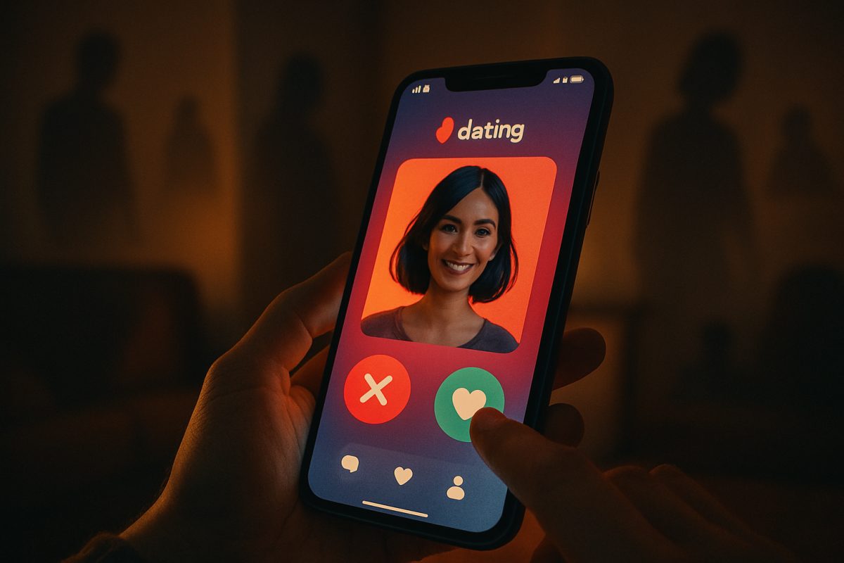A close-up of a smartphone screen glowing in the dark, showcasing a vibrant dating app interface. The background is softly blurred to emphasize the phone, with a hand poised to swipe. Surrounding the device, faint shadows of abstract figures suggest a mix of connection and loneliness, evoking the duality of digital romance. The scene is set in a cozy, dimly lit room, filled with a sense of modern intimacy. High definition, rich colors, and detailed textures highlight the emotional complexity of contemporary dating.