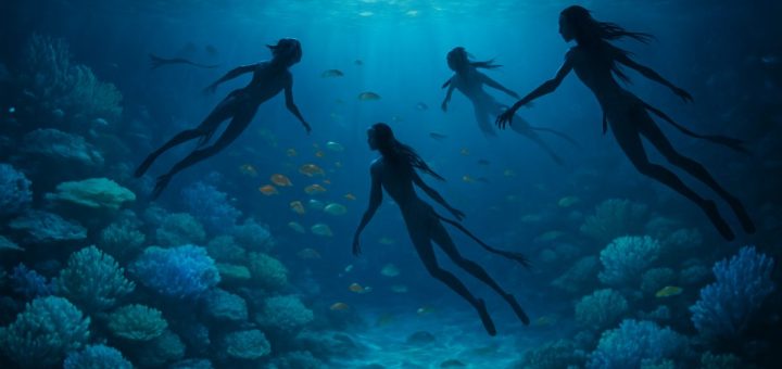 A breathtaking underwater scene of Pandora's bioluminescent ocean, filled with vibrant coral reefs radiating brilliant blues and greens. Ethereal light filters through the water, casting shimmering patterns on the sandy seabed. Silhouettes of the Na’vi swimming gracefully among schools of colorful fish are visible, embodying a sense of unity and connection with the aquatic environment. Above, the surface of the water reflects a kaleidoscope of colors, hinting at a world full of wonder. The image should evoke a feeling of both beauty and reflection, capturing the essence of an enchanting yet complex narrative. High definition.