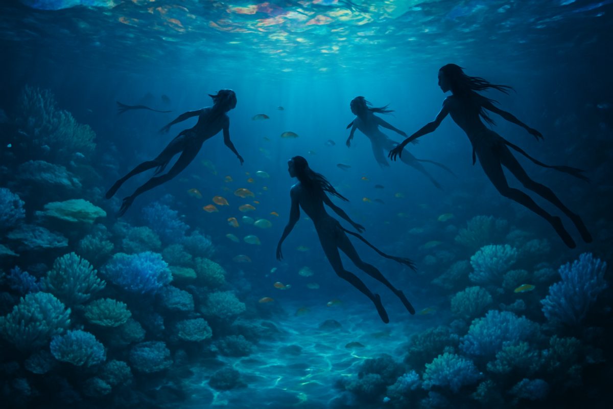 A breathtaking underwater scene of Pandora's bioluminescent ocean, filled with vibrant coral reefs radiating brilliant blues and greens. Ethereal light filters through the water, casting shimmering patterns on the sandy seabed. Silhouettes of the Na’vi swimming gracefully among schools of colorful fish are visible, embodying a sense of unity and connection with the aquatic environment. Above, the surface of the water reflects a kaleidoscope of colors, hinting at a world full of wonder. The image should evoke a feeling of both beauty and reflection, capturing the essence of an enchanting yet complex narrative. High definition.