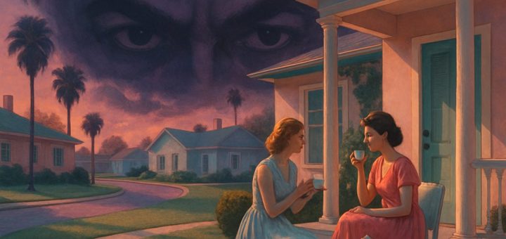A high-definition digital artwork depicting a mesmerizing 1950s suburban landscape at dusk, drenched in soft pastel colors. The scene features pristine, manicured lawns and stylishly dressed women in elegant, flowing dresses, sharing hushed conversations over steaming cups of tea on a sunlit porch. In the background, a pair of watchful eyes loom, subtly portrayed as shadowy figures observing the moments of intimacy and defiance. The juxtaposition between the serene, beautiful exterior and the underlying tension creates a captivating atmosphere, inviting viewers to explore themes of desire and repression.