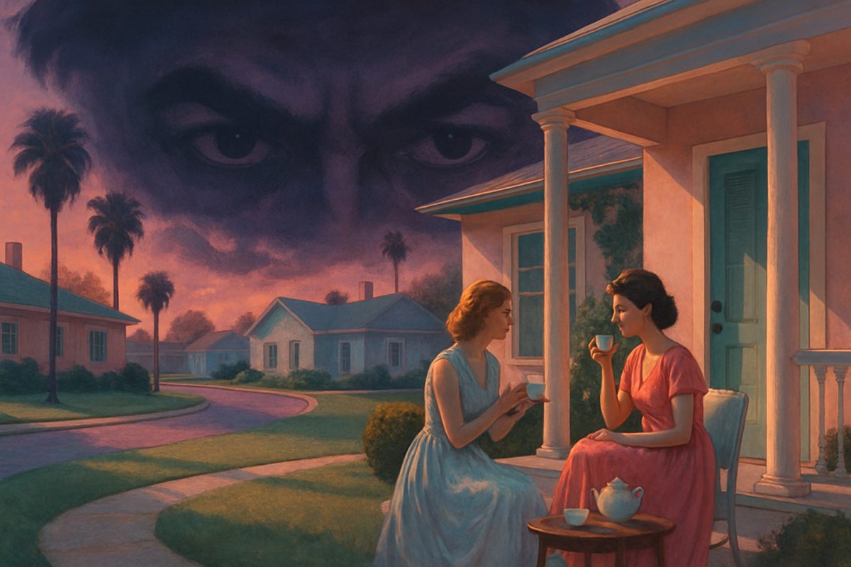 A high-definition digital artwork depicting a mesmerizing 1950s suburban landscape at dusk, drenched in soft pastel colors. The scene features pristine, manicured lawns and stylishly dressed women in elegant, flowing dresses, sharing hushed conversations over steaming cups of tea on a sunlit porch. In the background, a pair of watchful eyes loom, subtly portrayed as shadowy figures observing the moments of intimacy and defiance. The juxtaposition between the serene, beautiful exterior and the underlying tension creates a captivating atmosphere, inviting viewers to explore themes of desire and repression.