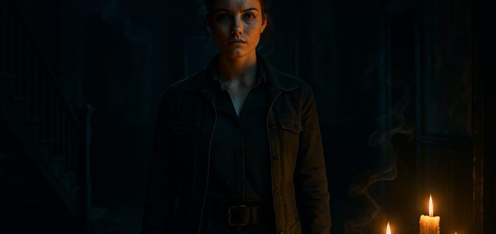 A dark, moody interior of an old, abandoned house, illuminated only by flickering, ethereal candlelight casting long shadows on the walls. In the foreground, a resilient woman stands confidently, her expression filled with determination, dressed in practical yet stylish clothing, showcasing strength and autonomy. The atmosphere is thick with tension and mystery, as delicate, swirling smoke from the candles weaves through the air, adding an eerie yet empowering feel. The color palette is rich with deep blacks, blues, and hints of gold from the flickering light, creating a striking contrast that evokes both horror and a sense of palpable agency. High definition.