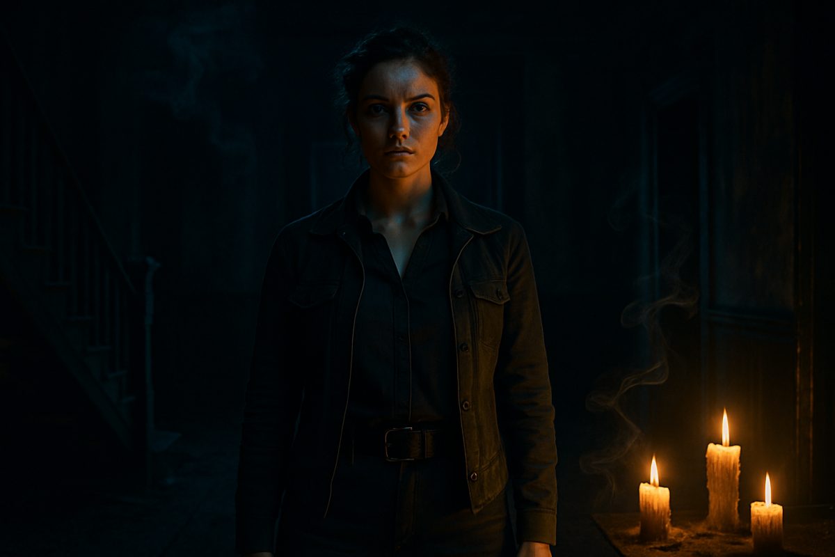 A dark, moody interior of an old, abandoned house, illuminated only by flickering, ethereal candlelight casting long shadows on the walls. In the foreground, a resilient woman stands confidently, her expression filled with determination, dressed in practical yet stylish clothing, showcasing strength and autonomy. The atmosphere is thick with tension and mystery, as delicate, swirling smoke from the candles weaves through the air, adding an eerie yet empowering feel. The color palette is rich with deep blacks, blues, and hints of gold from the flickering light, creating a striking contrast that evokes both horror and a sense of palpable agency. High definition.