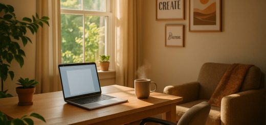A serene home office scene bathed in warm, natural light, featuring a cozy desk with an ergonomic chair, a laptop open to a blank document, and a cup of steaming coffee beside it. Soft greenery from a potted plant peeks into the frame, while a comfortable armchair with a colorful throw sits invitingly in the corner. The walls are adorned with inspirational artwork, and a window offers a glimpse of a sunlit garden outside. This tranquil workspace embodies creativity, flexibility, and the essence of remote writing. High definition.