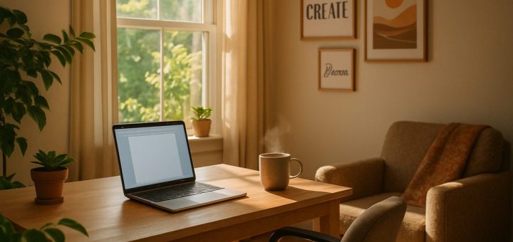 A serene home office scene bathed in warm, natural light, featuring a cozy desk with an ergonomic chair, a laptop open to a blank document, and a cup of steaming coffee beside it. Soft greenery from a potted plant peeks into the frame, while a comfortable armchair with a colorful throw sits invitingly in the corner. The walls are adorned with inspirational artwork, and a window offers a glimpse of a sunlit garden outside. This tranquil workspace embodies creativity, flexibility, and the essence of remote writing. High definition.